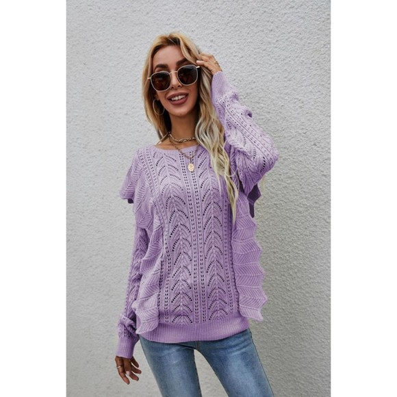 Openwork Round Neck Ruffled Sweater - Picture 4 of 16